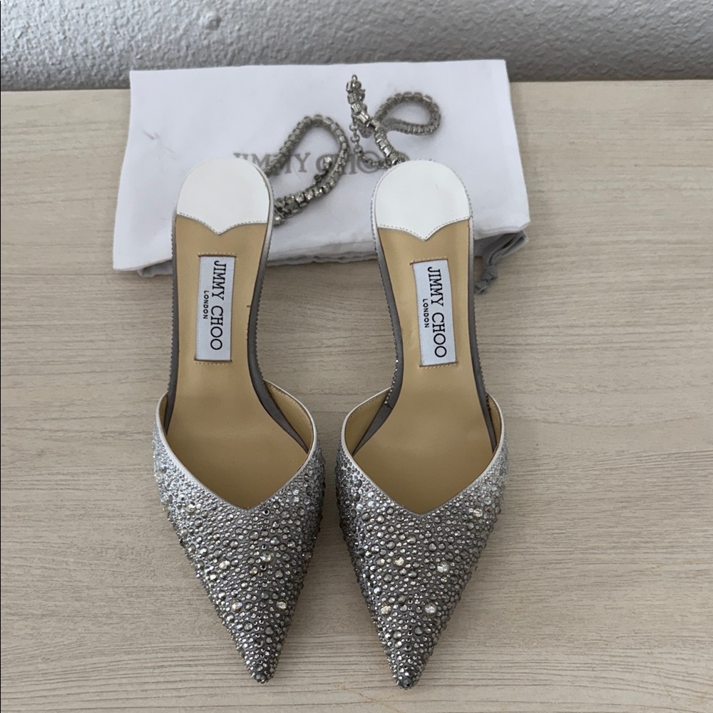 Jimmy Choo Ivory Satin Pumps with Crystal Embellishment (New - Never Worn)
